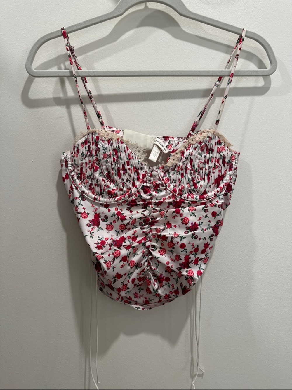 For Love & Lemons White Floral Ruched Crop Top with Red Rose Print